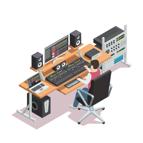 An isometric view of a recording studio